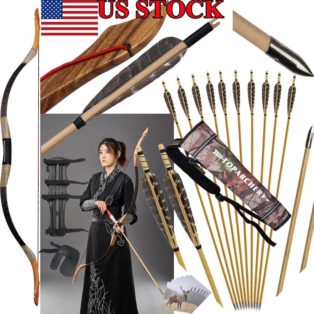 53'' Traditional Longbow Recurve Bow 30-50lbs &Wooden Arrows for Archery Hunting