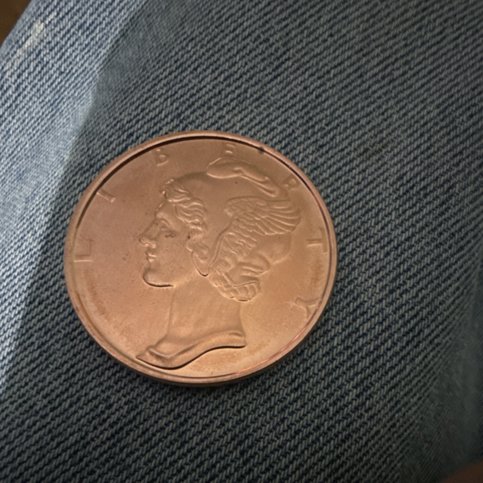 Copper .999 Fine Fantasy Issue Coin One AVDP Ounce Mercury Dime Design