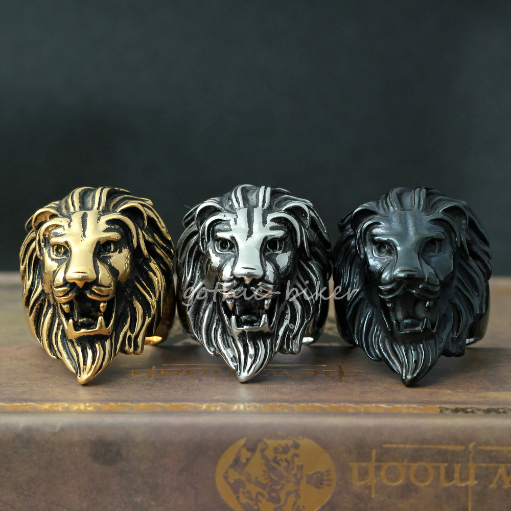 Mens Retro Black Gold Silver 316L Stainless Steel Lion Head Ring Animal King