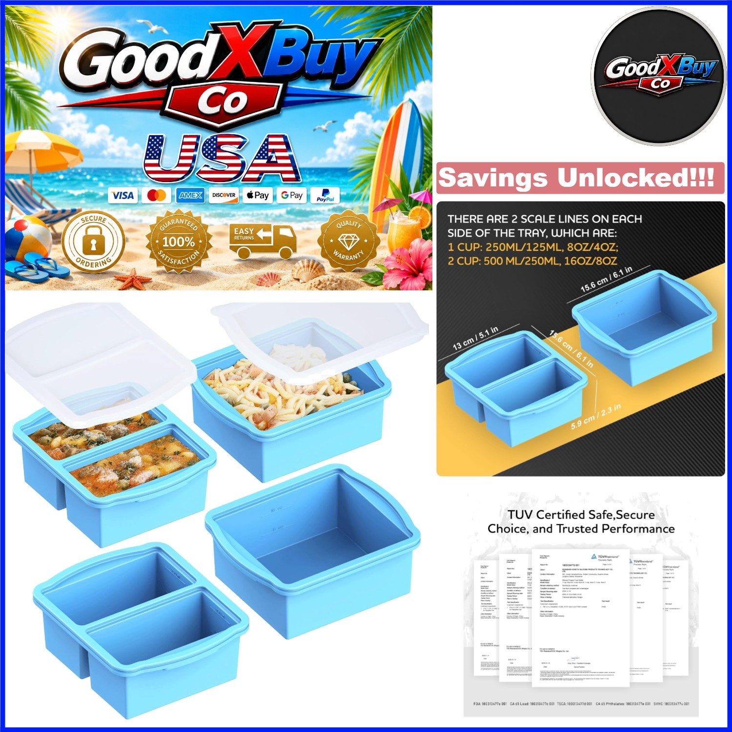 Set of 4 Silicone Freezer Trays with Lids Meal Prep Storage BPA Free