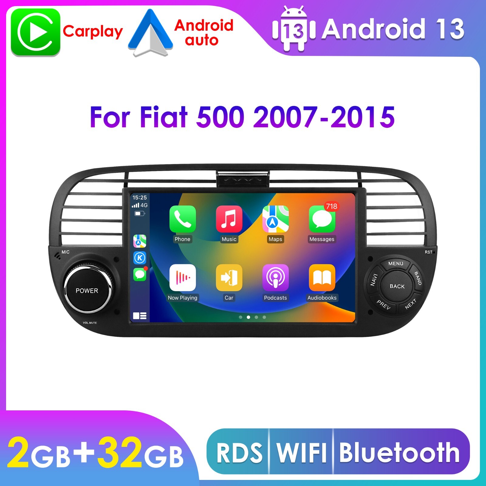For Fiat 500 2007-2015 Android 13.0 Carplay 2+32GB USD Car Stereo Radio GPS Navi