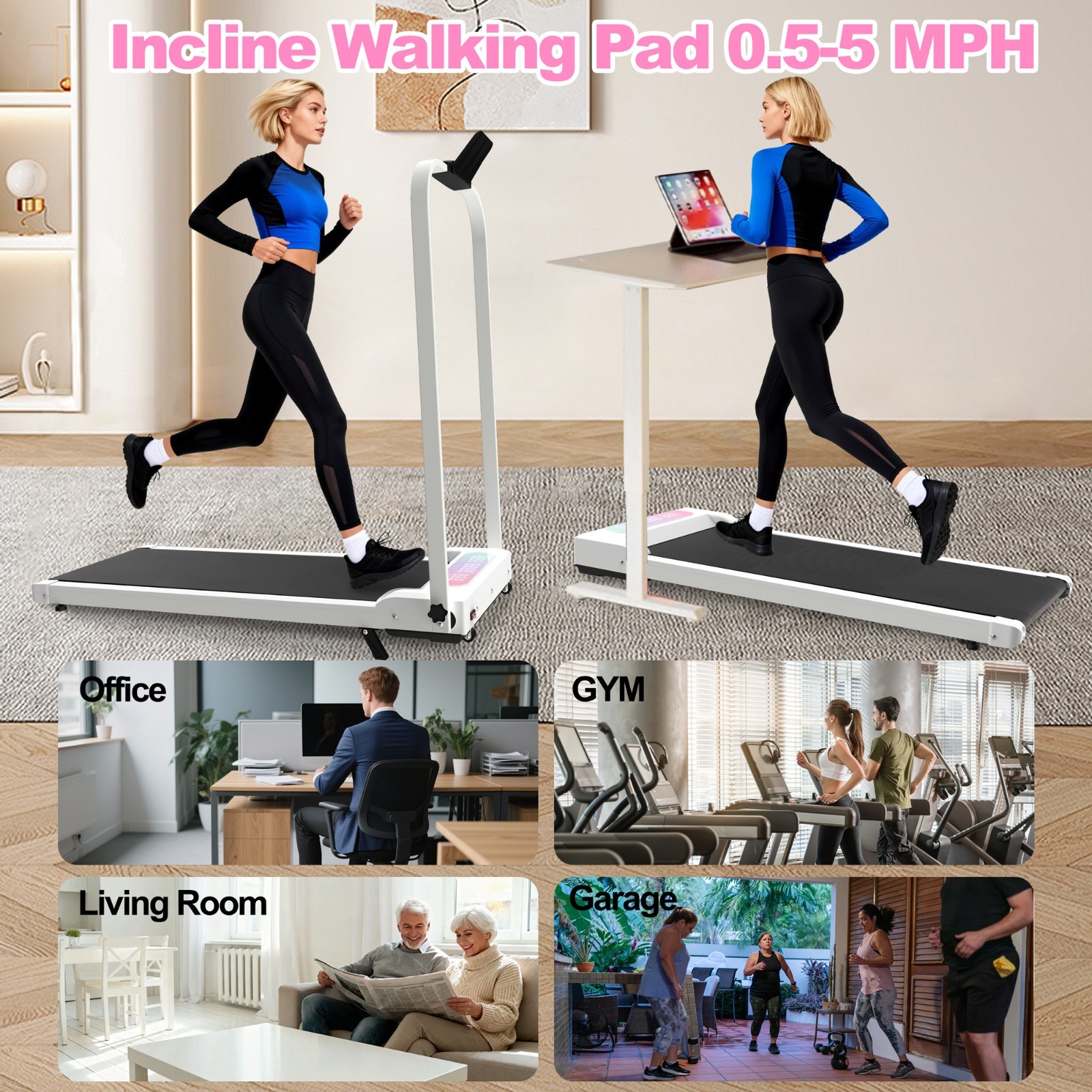 2 in 1 Foldable Treadmill Incline Handle Bar Walking Pad Vibration Pad Remote