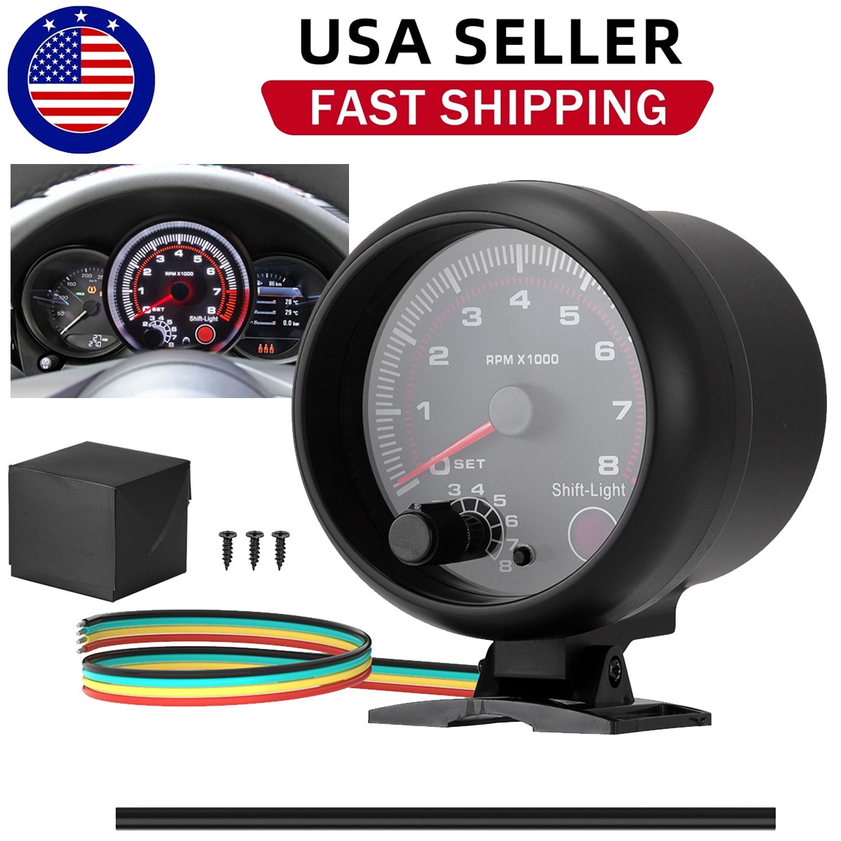 3.75" 12V Car Tachometer Gauge Meter 0-8000 RPM With LED Shift Light Universal