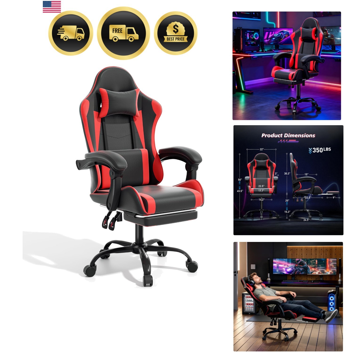 Gaming Chair for Adults Ergonomic Computer Desk Chair with Footrest Headrest ...