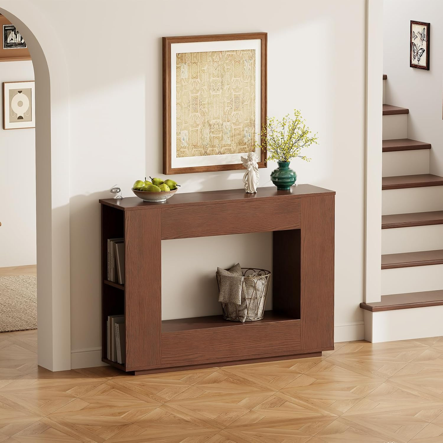 Walnut Console Table with Storage, 47.2" W Farmhouse Entryway Table, Long Sofa T