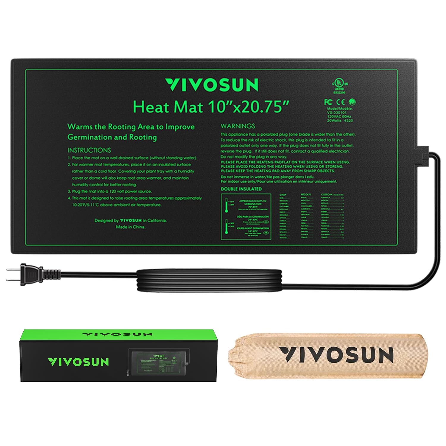 VIVOSUN Durable Waterproof Seedling Heat Mat 10" x 20.75" 10"x20.75", Black