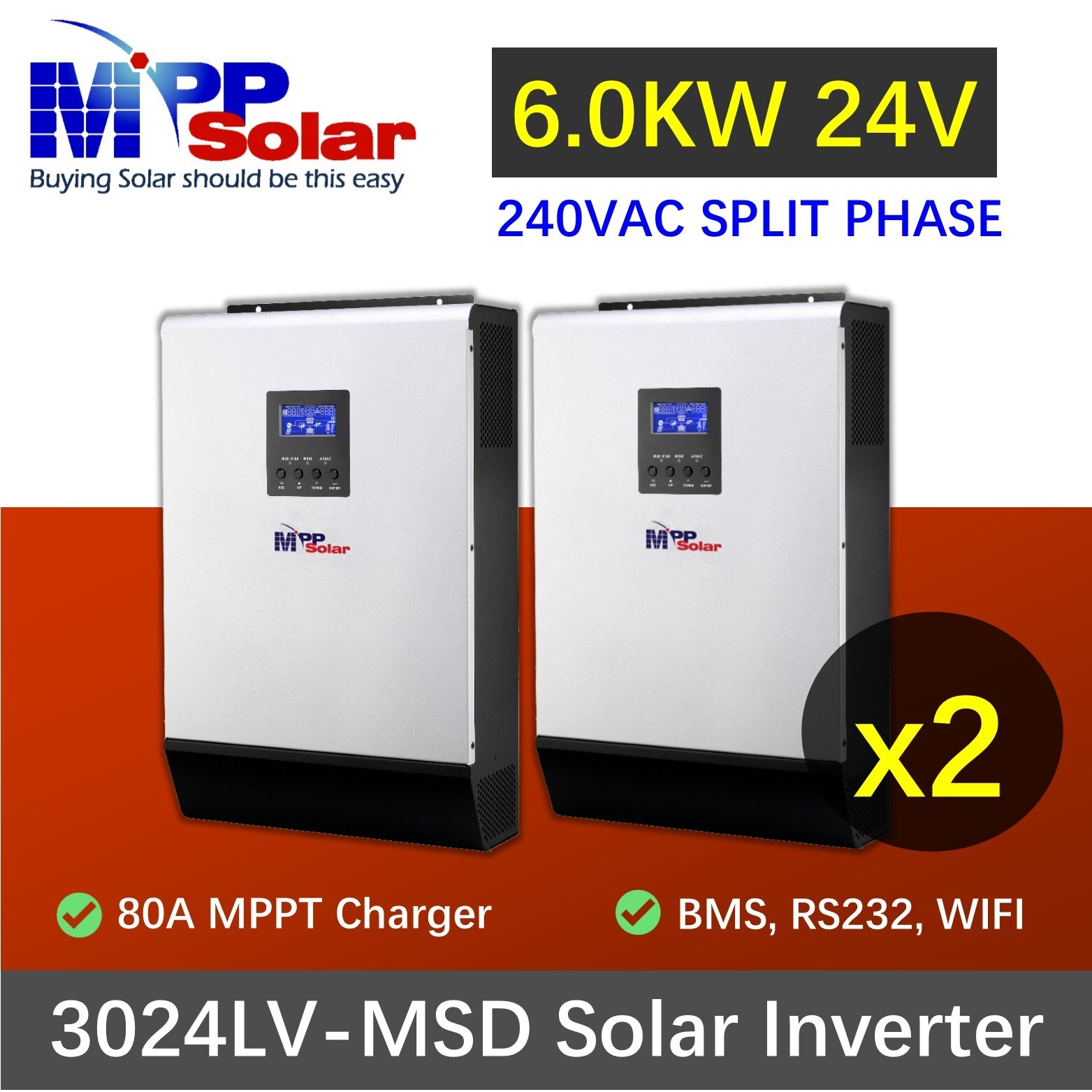 6kw 24v split phase MPP solar inverter 2* 80A MPPT charger Tariff Free