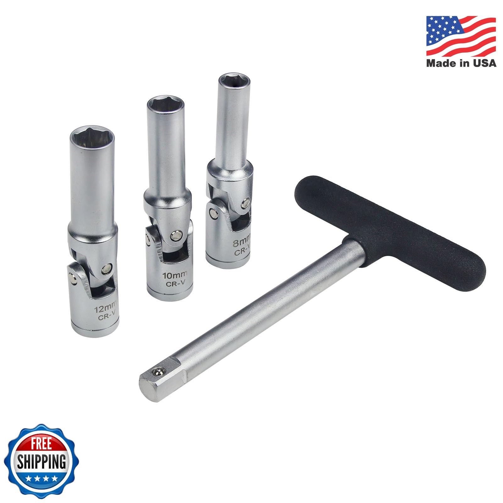4 Piece Glow Plug Socket Set with 3/8" Dr T-Bar, Glow Plug Sizes (8mm, 10mm, 12m