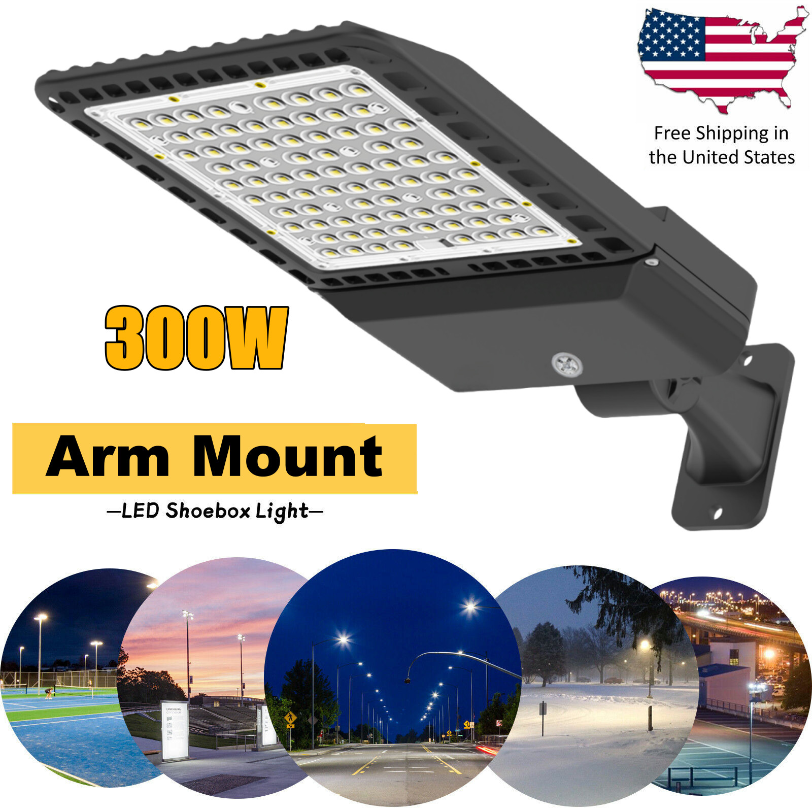 300W 42000LM Street Lights LED Outdoor IP65 Dusk-to-Dawn Parking Lot Yard Lamp
