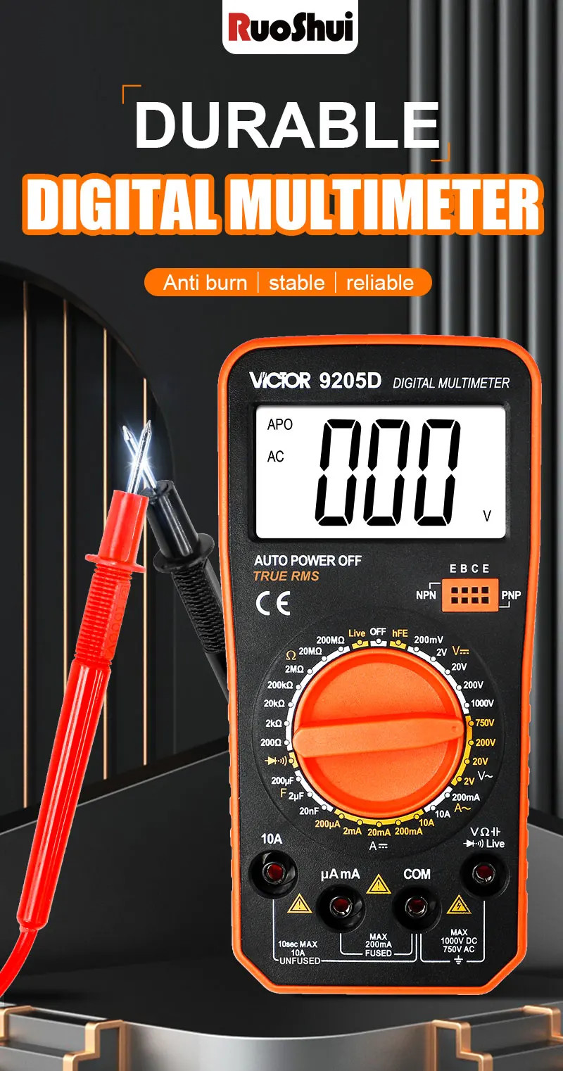 Digital Multimeter Auto 1999 Counts True RMS AC/DC 1000V Diode Continuity Freq