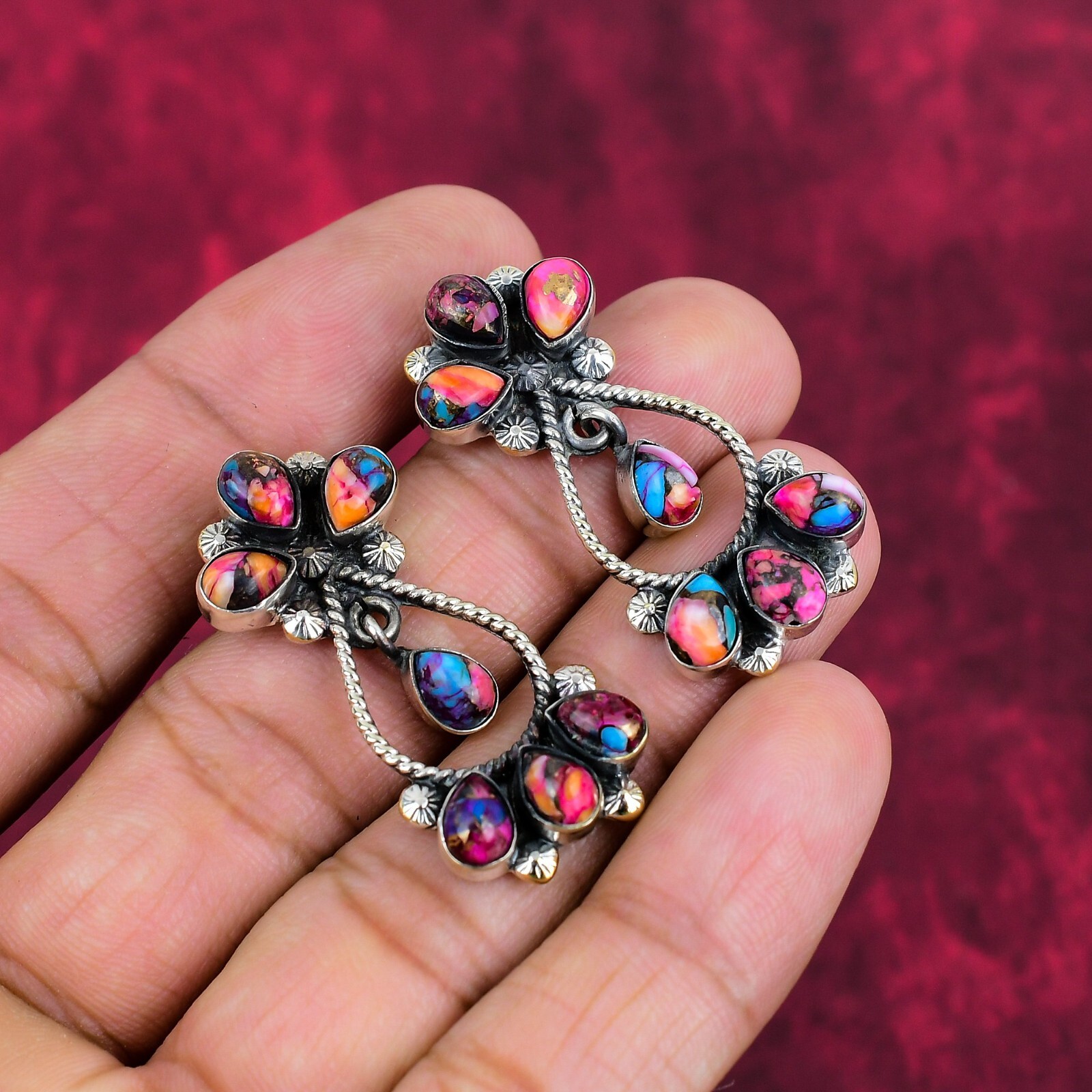 Pink Spiny Oyster Gemstone Handmade 925 Sterling Silver Earrings Jewelry