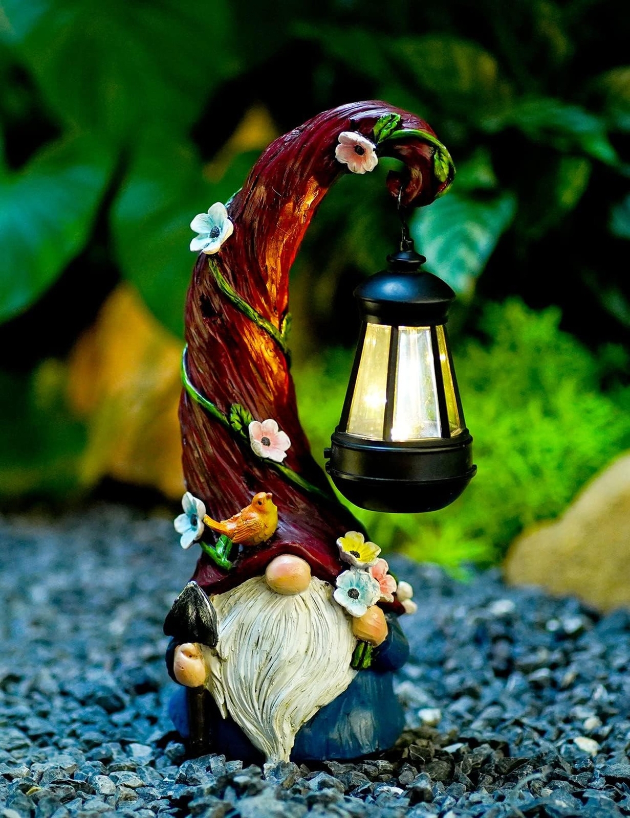 Gnome Garden Decor Statue Solar Gnomes Decorations for Yard with Lantern Ligh...