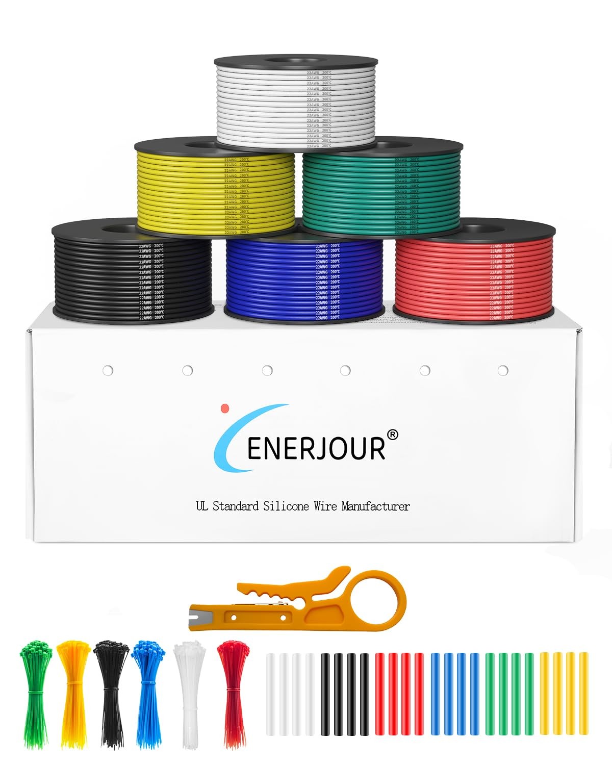 ENERJOUR 22 Gauge Wire 22AWG-6C, 26FT, Red, Black, White, Blue, Green, Yellow