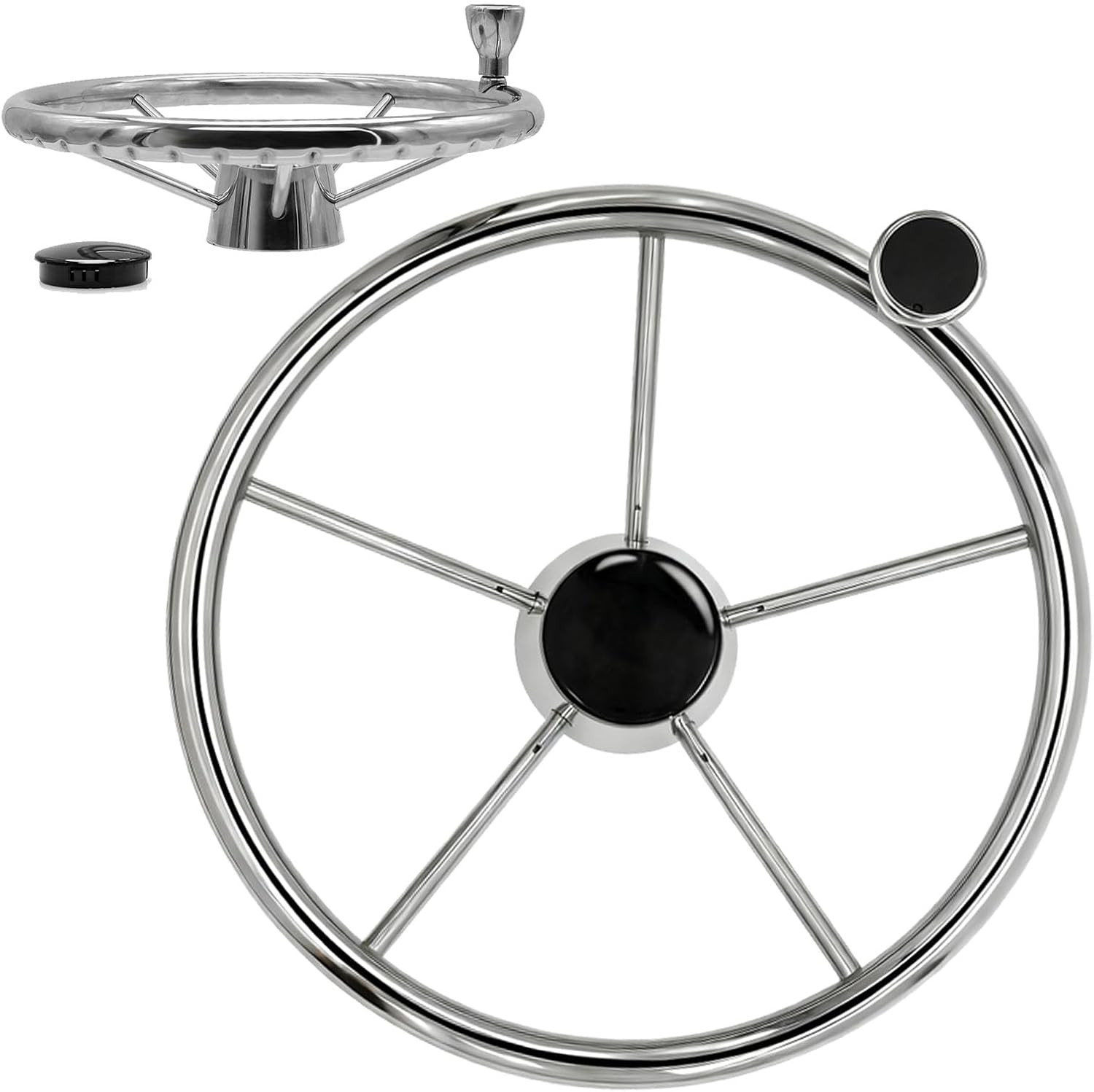 13.5" 5-Spoke Destroyer Style Boat Steering Wheel Stainless Steel w/ Knob