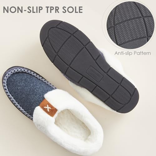 Men's Slip On Moccasin Slippers Memory Foam Fuzzy Slippers for Men 9-10 Navy