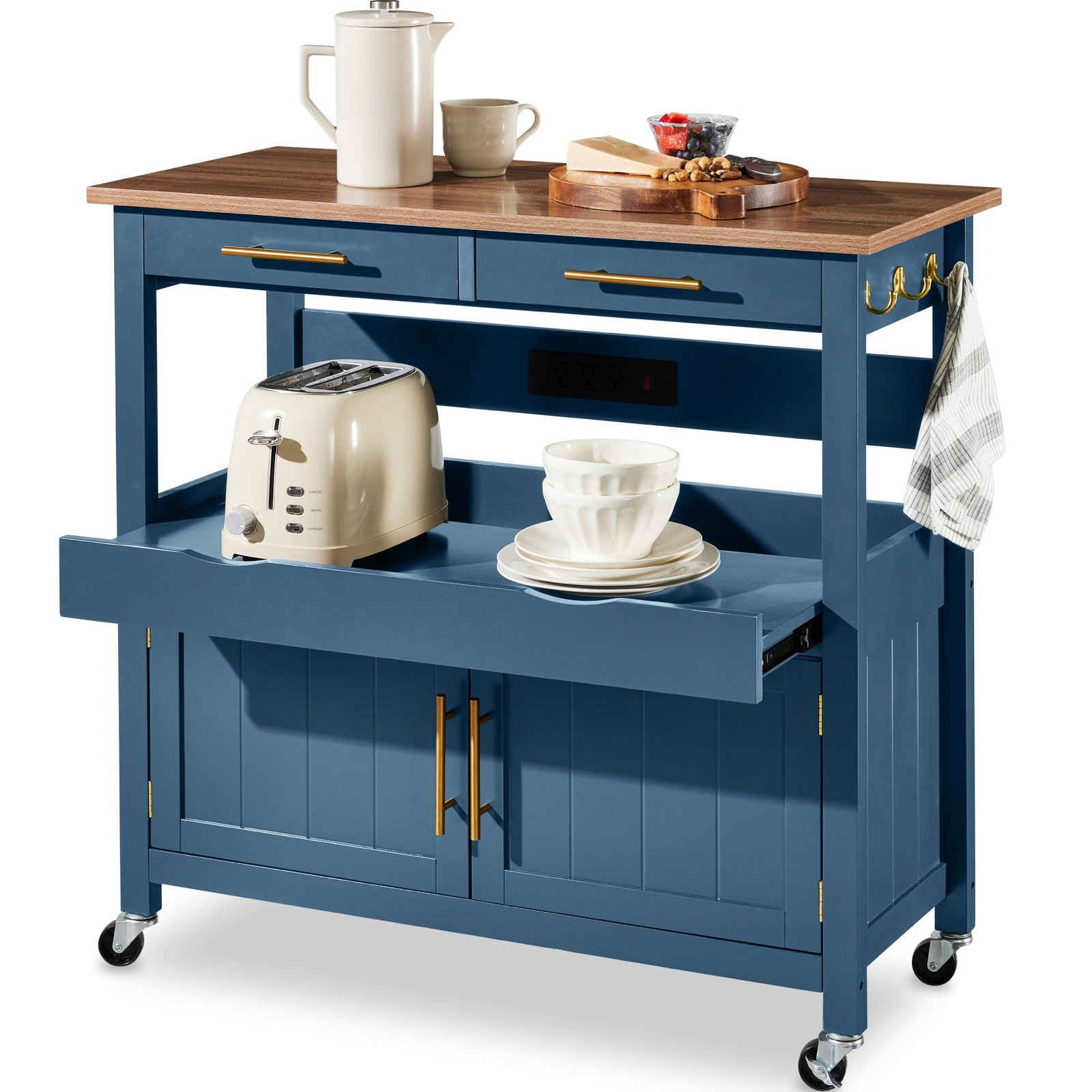 36in Large Rolling Kitchen Island Cart, 2-Door Cabinet, Outlet, & Wheels