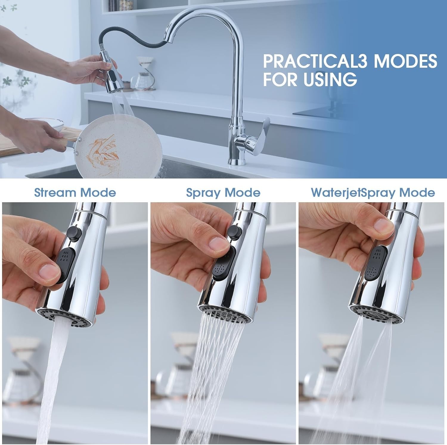 Kitchen Faucet Sprayer Head Replacement 3 Function Pull Down Sink Spray Head