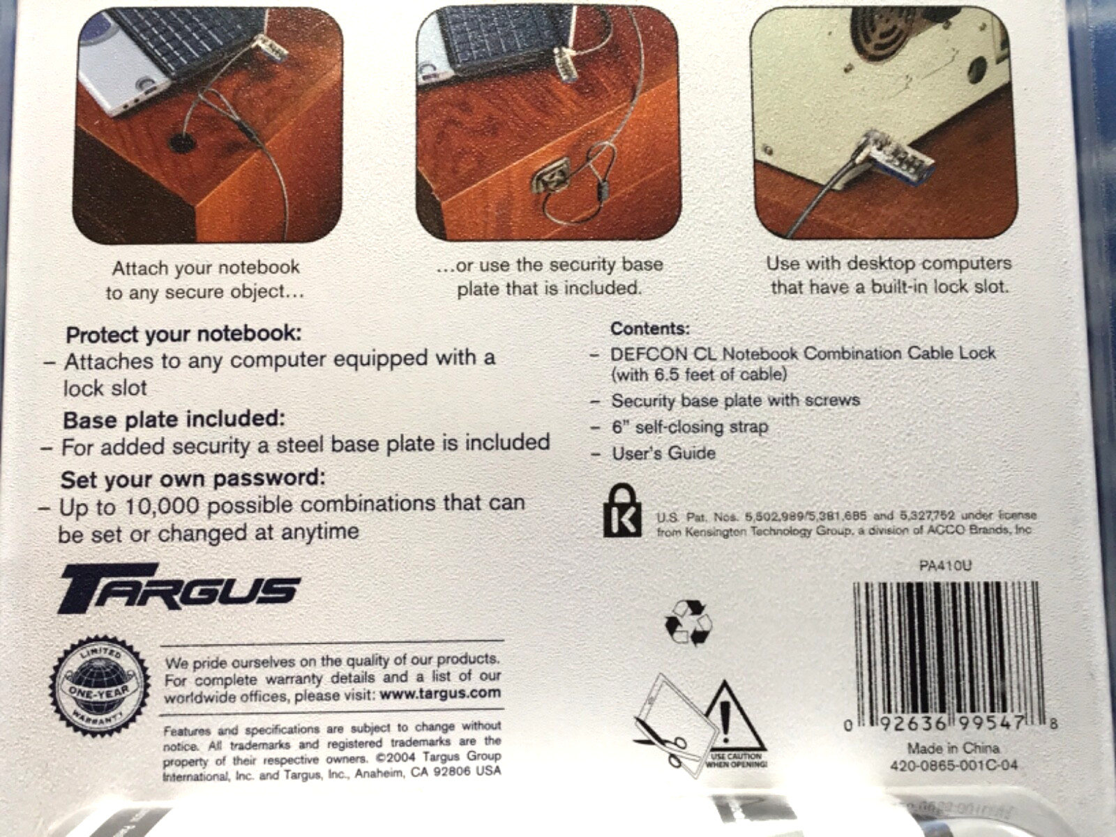 Targus Defcon CL Notebook Combination Lock Attaches NB Lock Slot Security