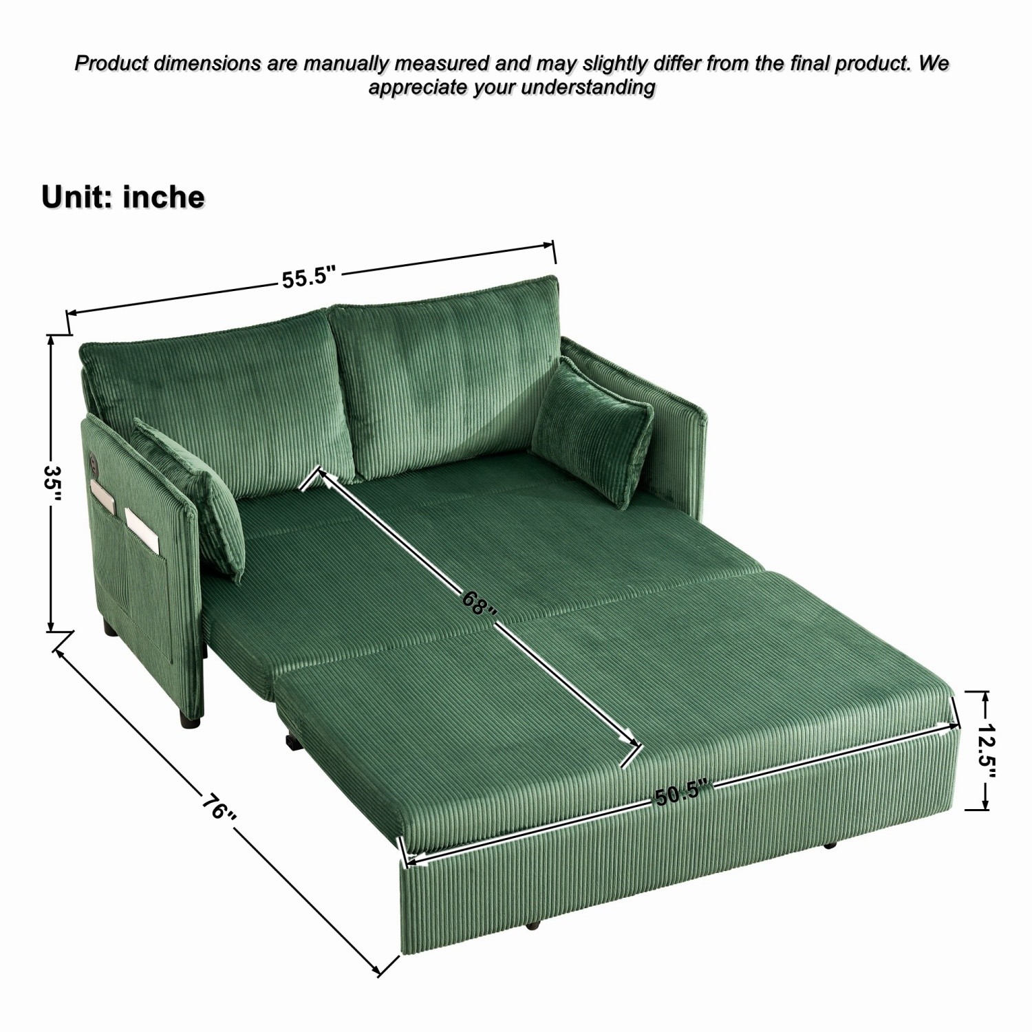 Green/Gray Pull Out Sofa Bed 3-in-1 Sleeper Sofa Convertible Couch with USB Port
