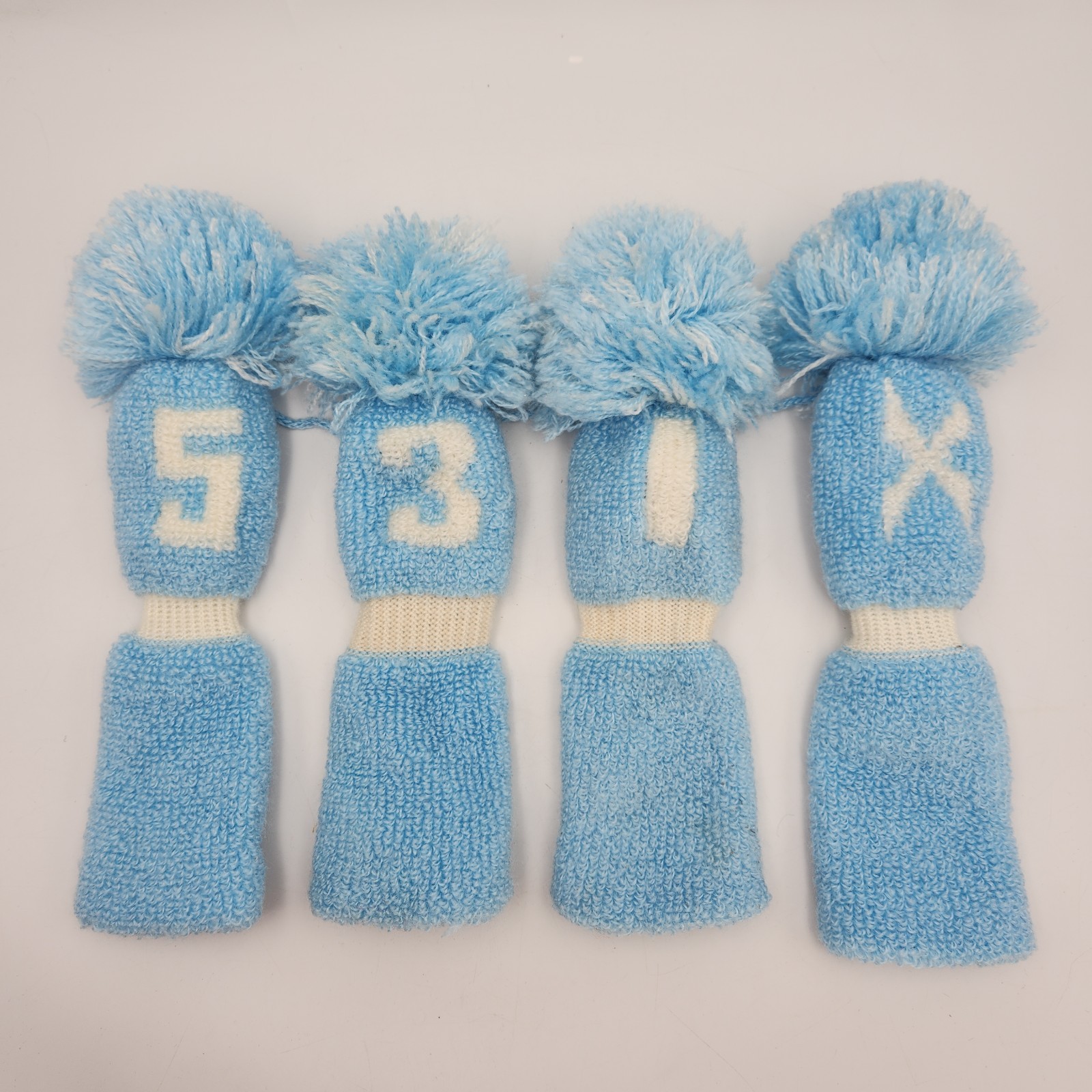 Set Of 4 Blue & White Knit Pom Pom Golf Club Head Covers 1, 3, 5, X