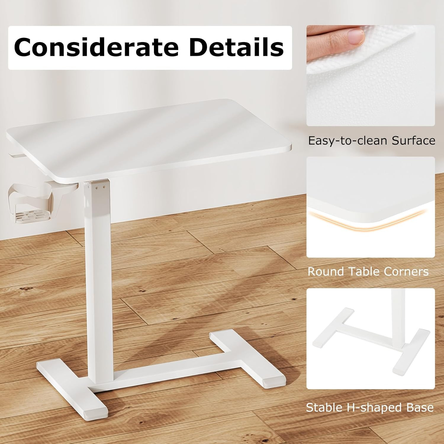 Pneumatic Mobile Standing Desk with Cup Holder & Headphone Hook - White