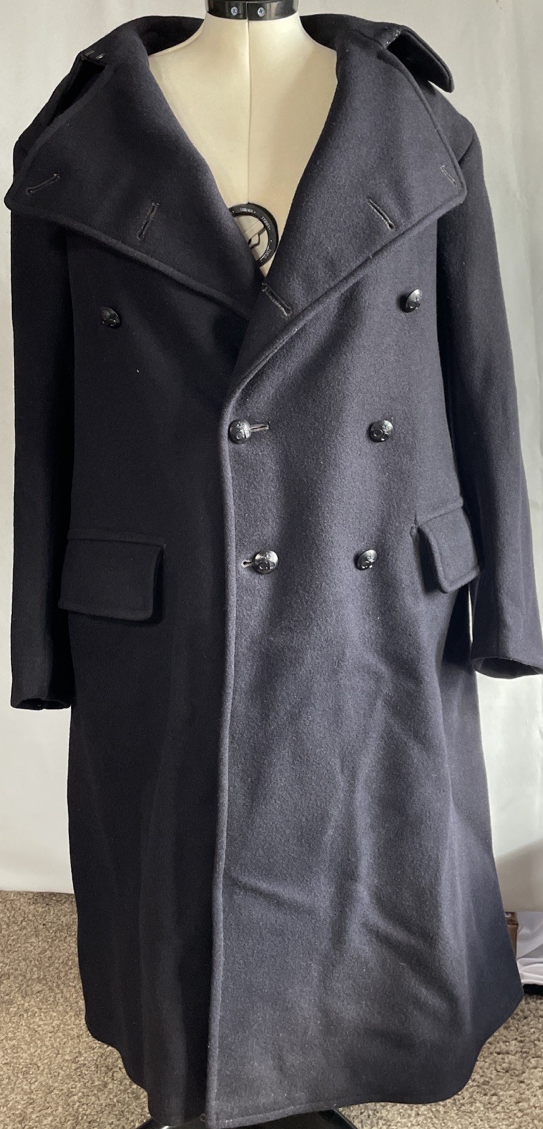 Vintage British Civil Defense Greatcoat Black Wool 1952 Overcoat Military Wool