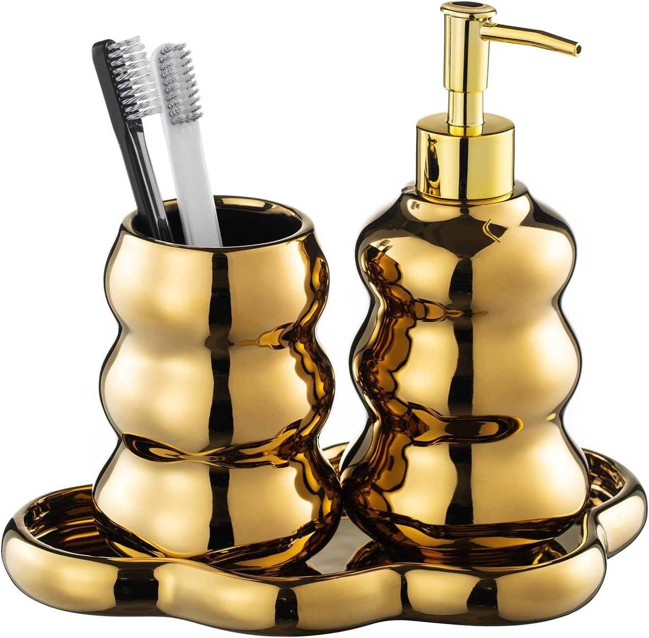 Gold Bathroom Accessory Set, 3-Piece Gold Ceramic Bath Accessories Set with Tray