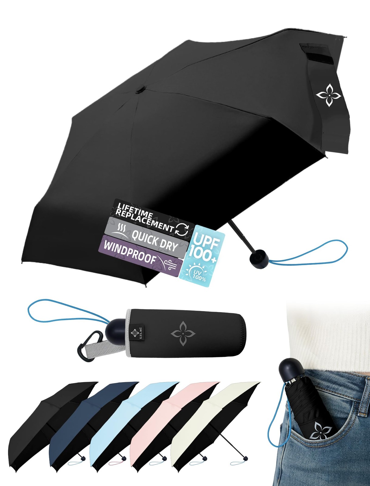 Mini Travel Umbrella for Rain - 43" Large Coverage Small Compact Umbrella, Re...