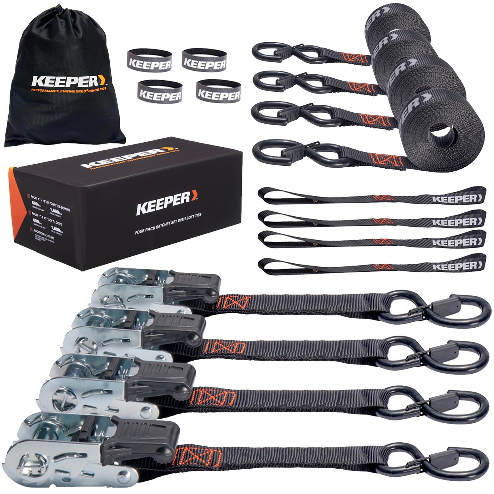 Keeper Ratchet Tie Down Straps Kit, 4 Pack - 1in. x 1 inch x 15 feet, Black