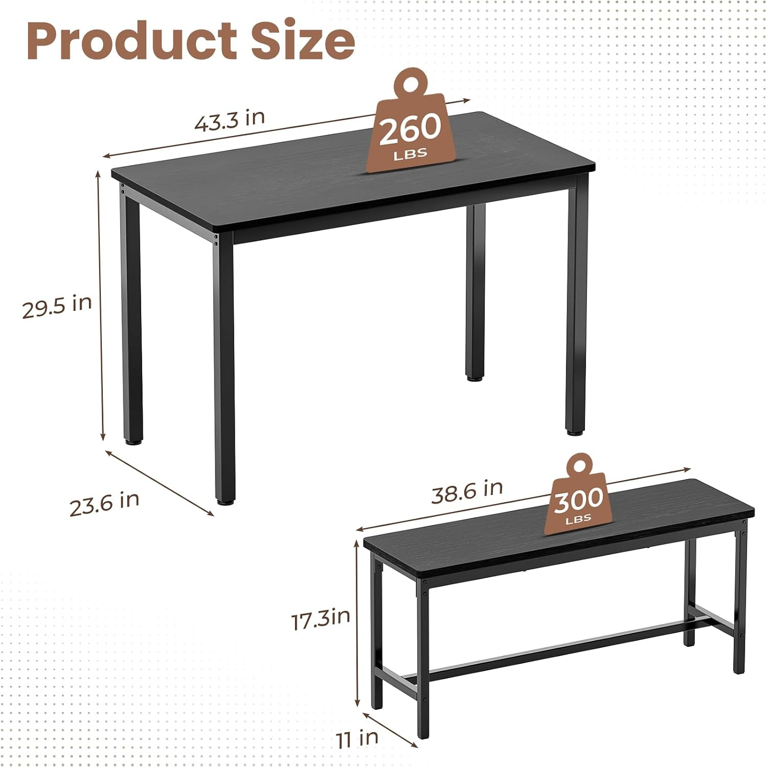Dining Table Set for 4, Kitchen Table with 2 Benchs, Black | Modern Functional 3