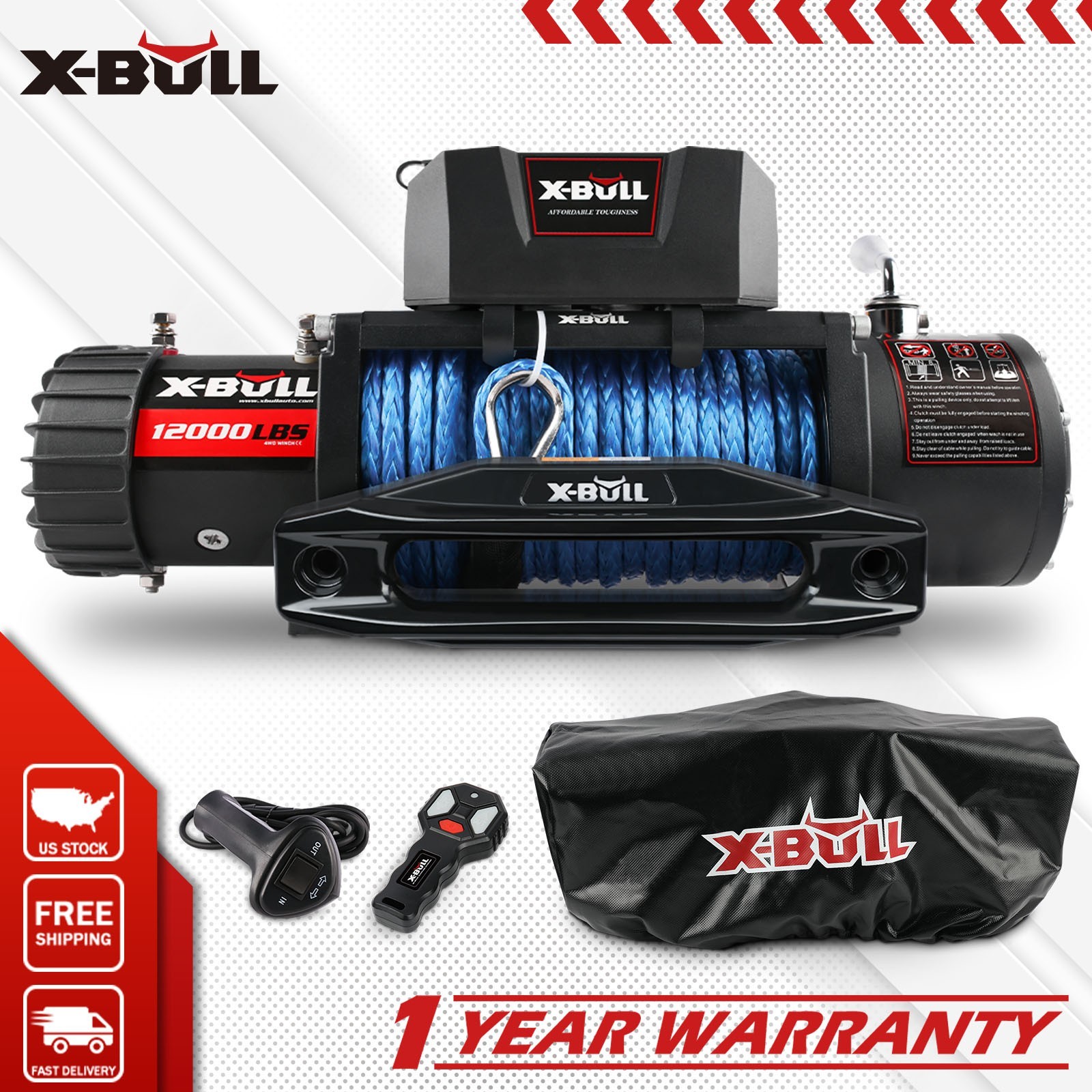 X-BULL 12000LBS Electric Winch 12V Synthetic Rope Towing Truck 4WD SUV Off-Road