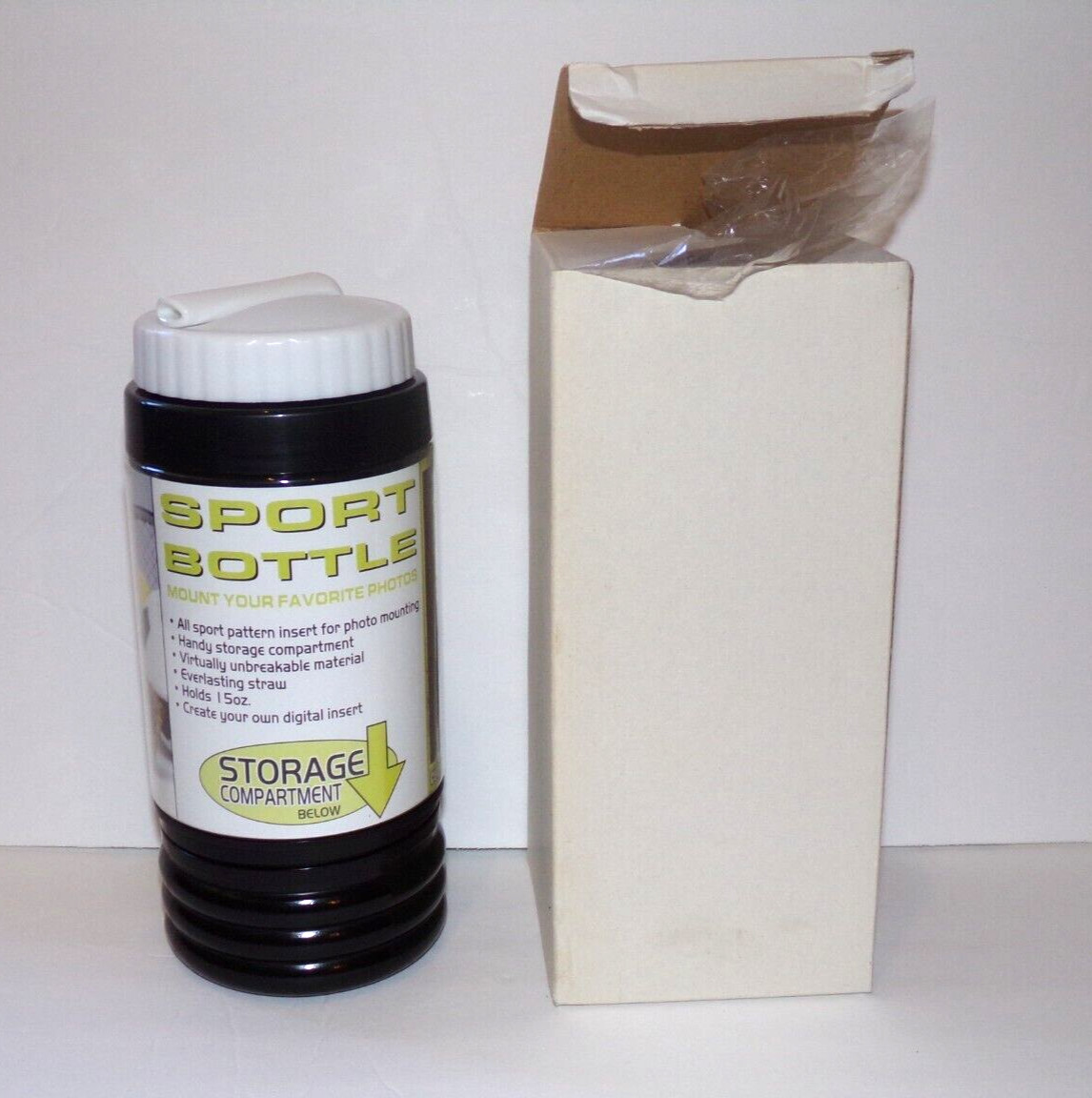 15 oz. Sports Bottle with storage compartment Insert your own picture New w box