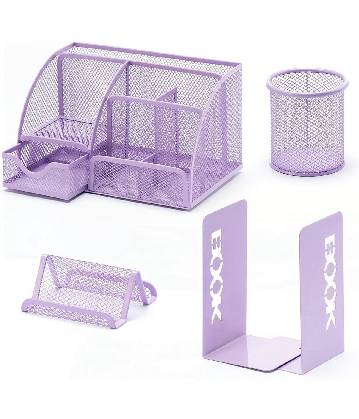 4 Piece Purple Mesh Desk Organizer 7 Slot Pen Holder Card Bookend Office Set !!