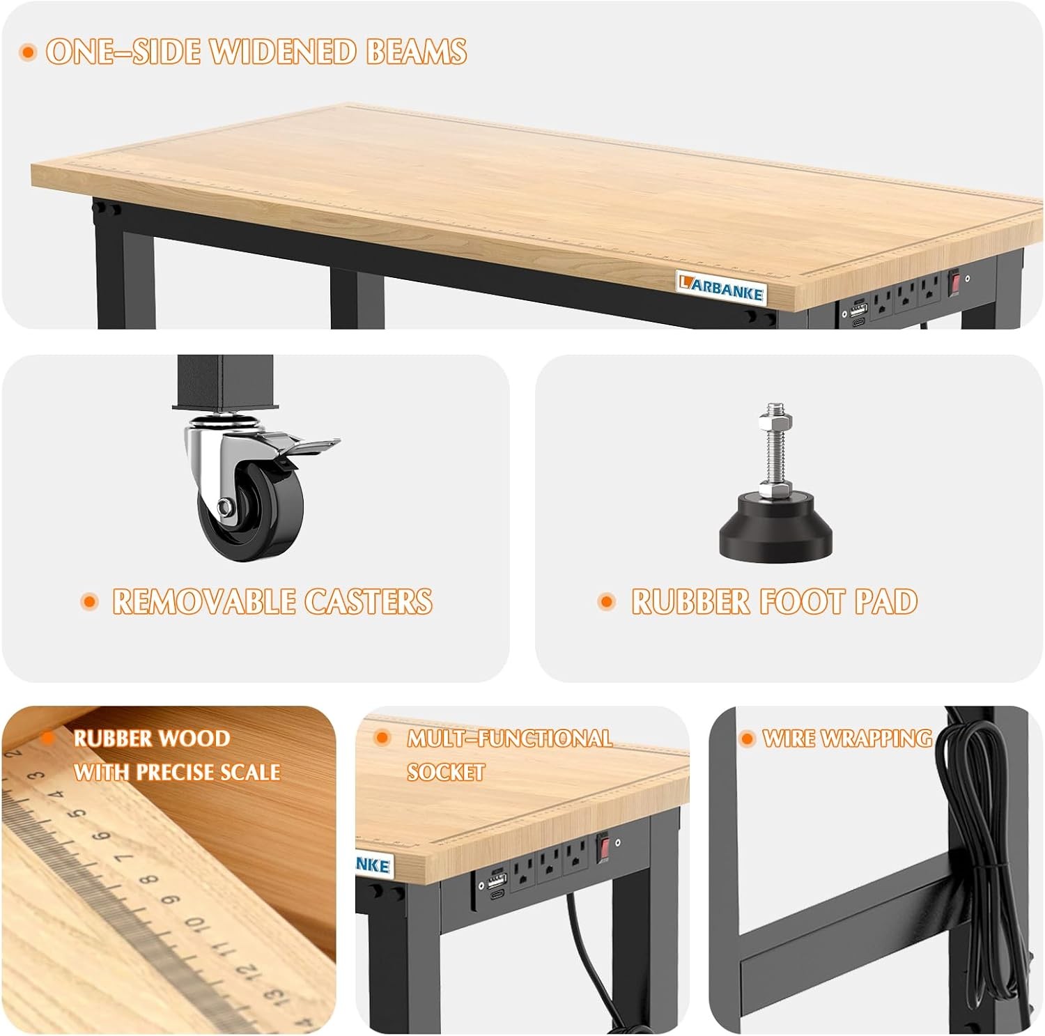 48" Adjustable Workbench with Wheels Heavy-Duty Rubber Wood Worktable with