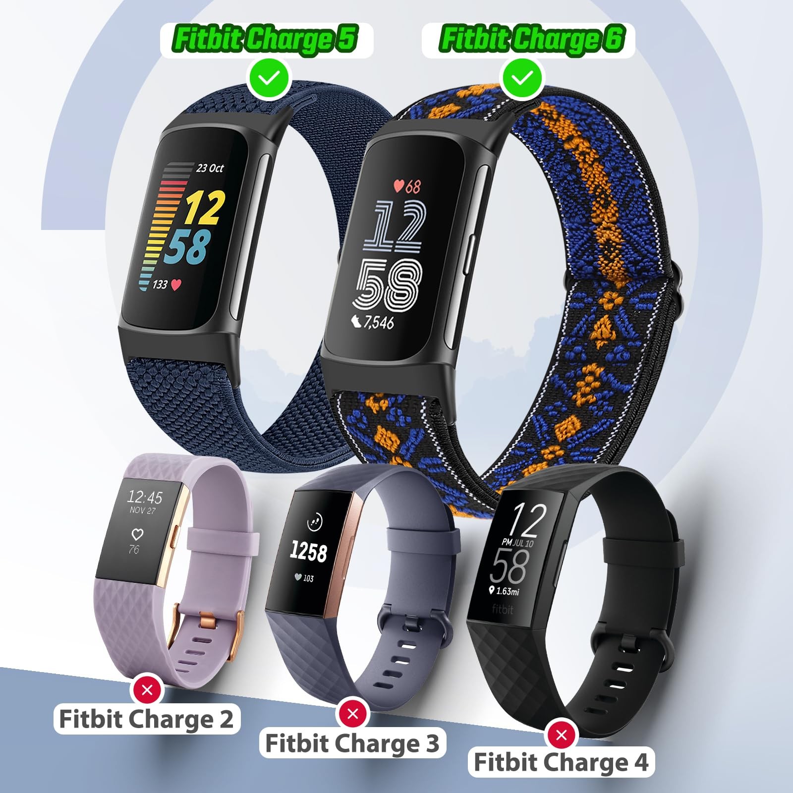5 Pack Nylon Elastic Adjustable Watch Bands for Fitbit Charge 6/Charge 5