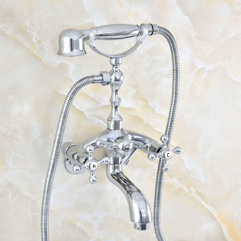Chrome Wall Mount Bathtub Clawfoot Faucet With Hand Shower Adjustable 3 3/8"