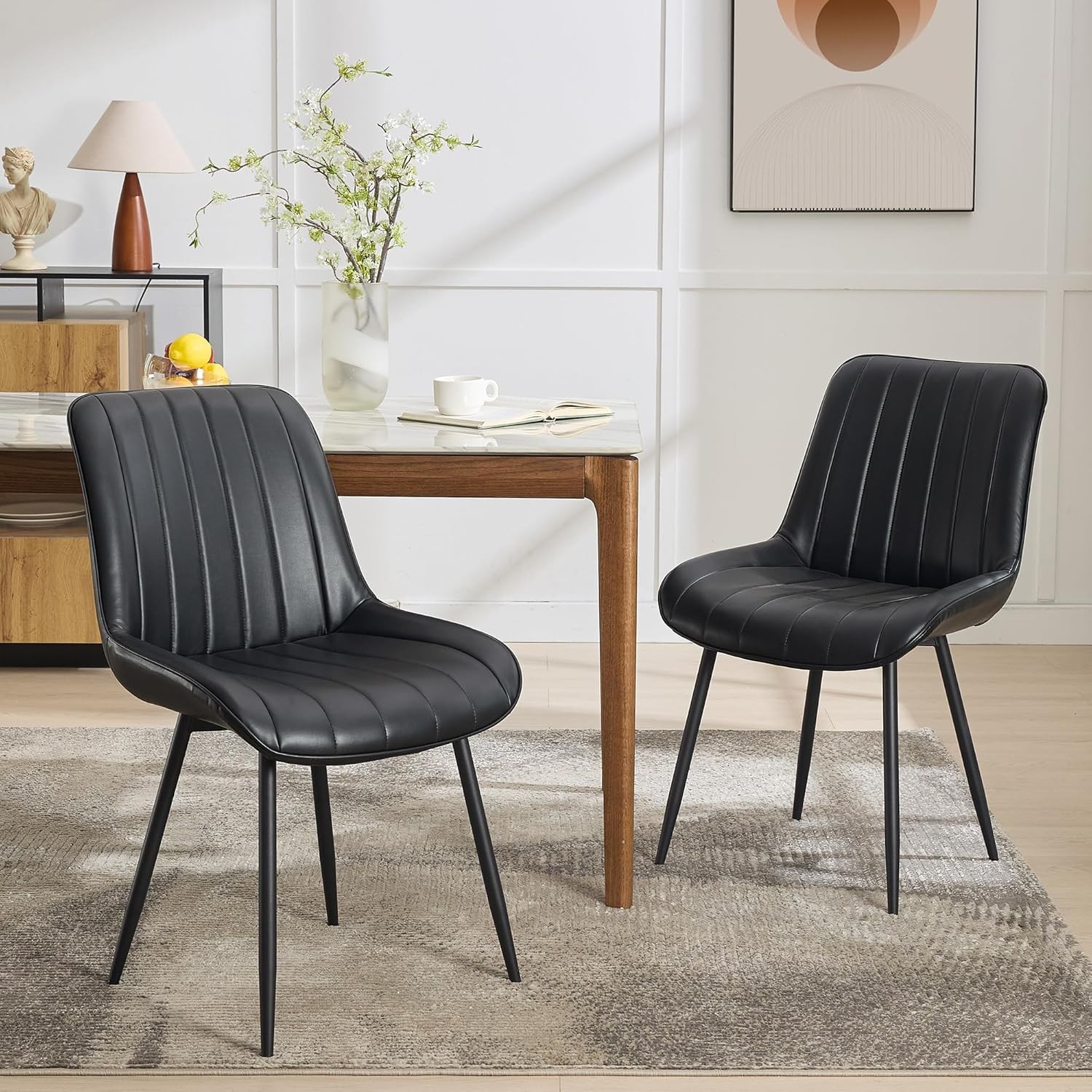 Mid-Century PU Leather Dining Chairs Set of 2, Waterproof, 250lb, 3-Min Assembly