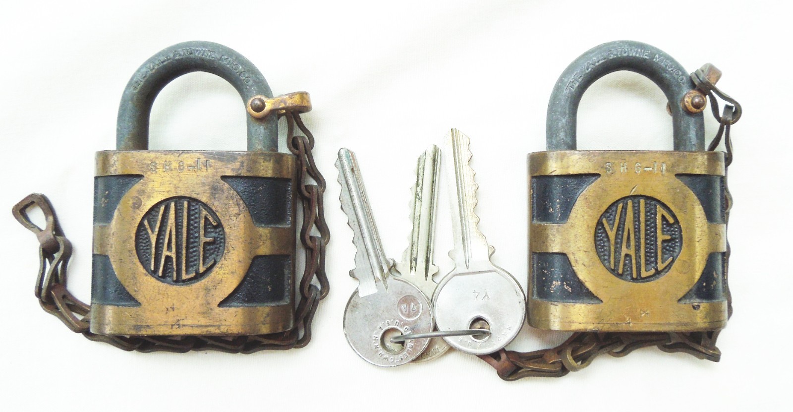 Lot of 2 Nice Early Yale Keyed Alike locks complete with Bronze Chain & 1 key