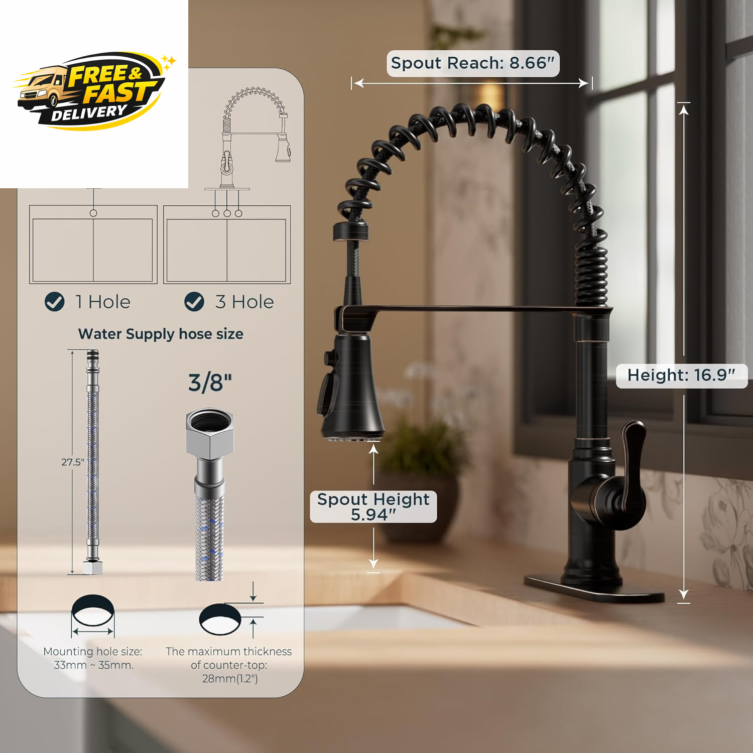 Rustic Kitchen Faucet with Pull down Sprayer Oil Rubbed Bronze, 3 Modes Stainles