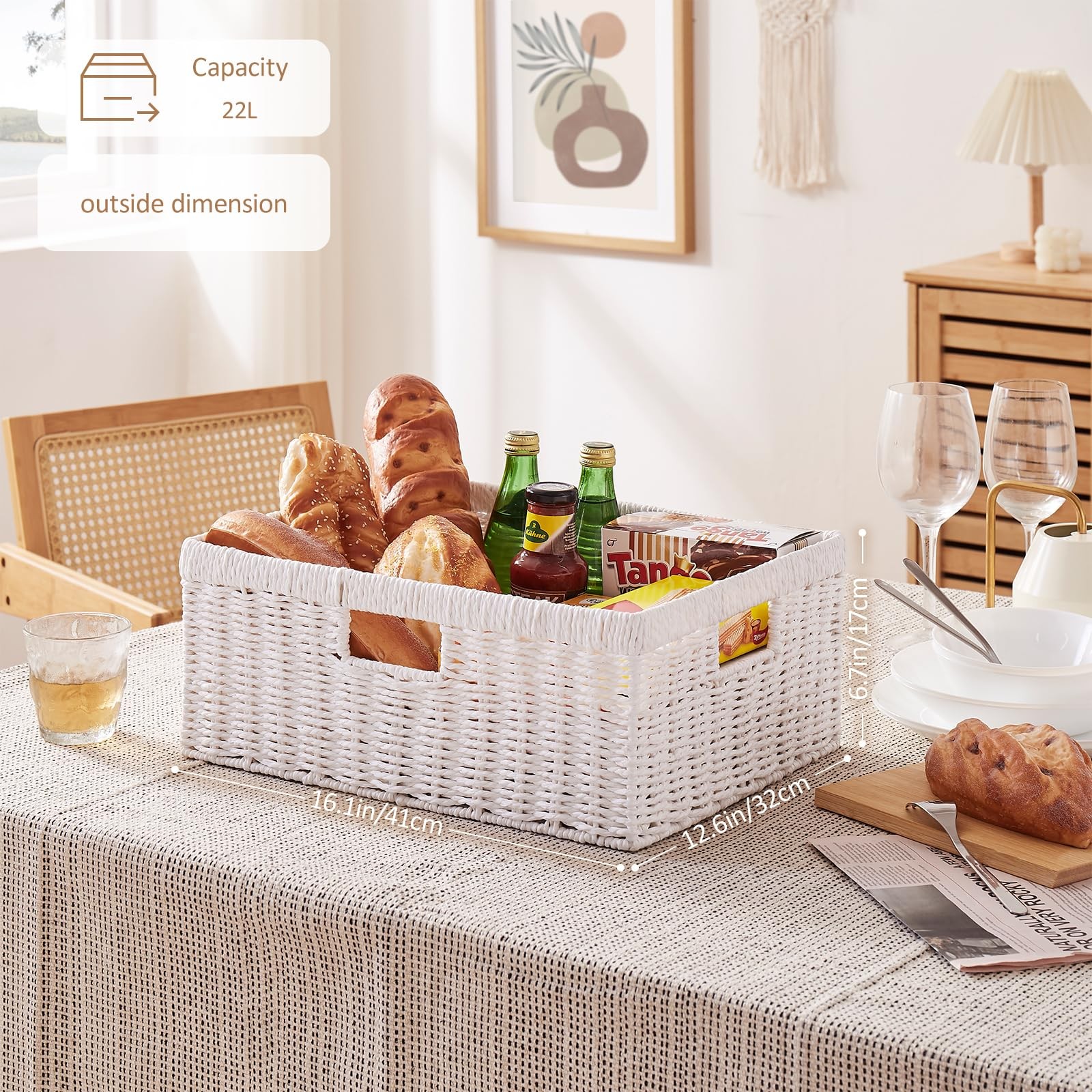 1 PCS White Rectangular Wicker Paper Shelf Basket Storage Bin BuiltIn Handle