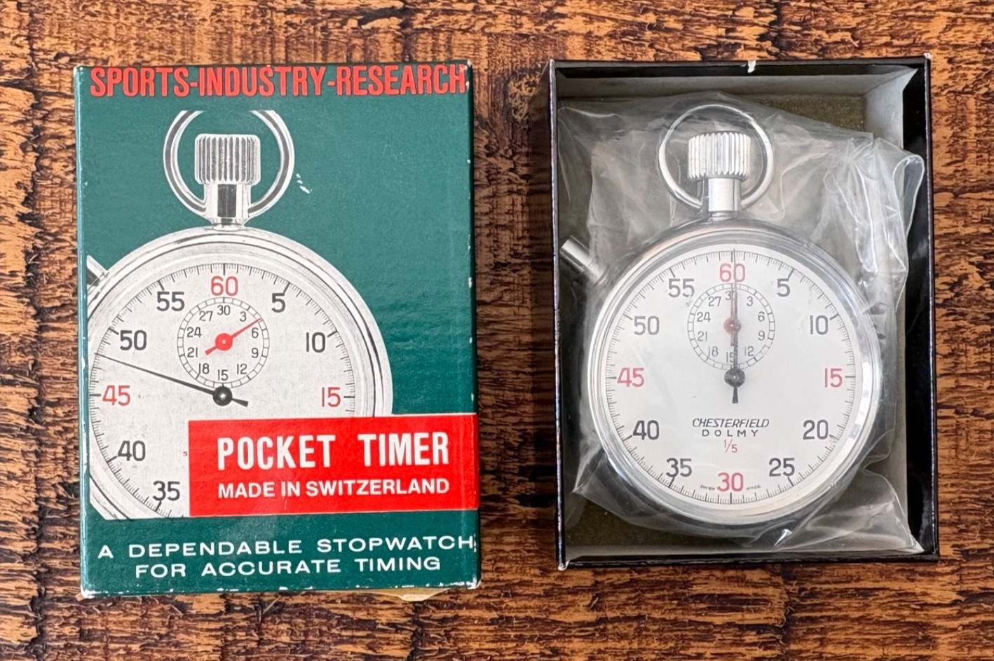 Vintage Pocket Timer Stopwatch Chesterfield Dolmy 1/5 Swiss  #9352 Original Box