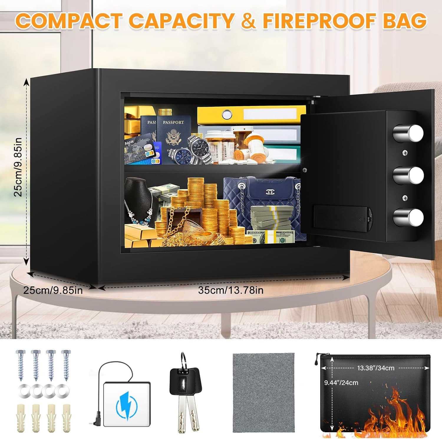9.84" Tall Small Fireproof Safe Box, 1.2 Cu Ft Security Home Safe