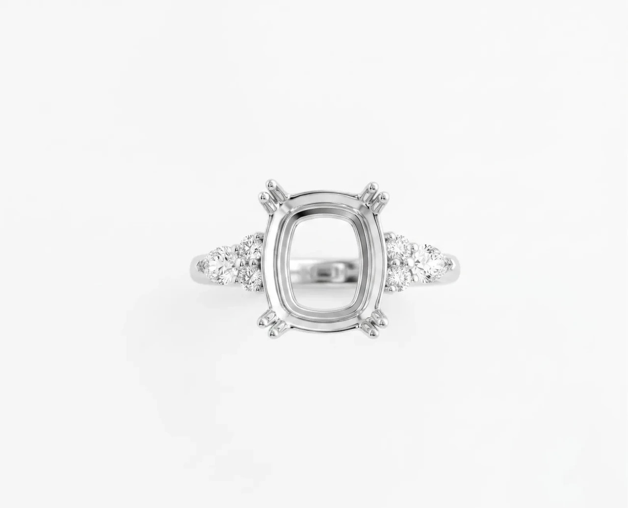 925 Sterling Silver Cushion Cut Semi Mount Ring Setting Cluster Side Stone Blank