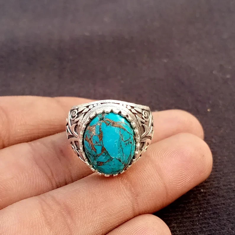 925 Sterling Silver Copper Turquoise Ring Statement Handmade Gift Men's Ring B89