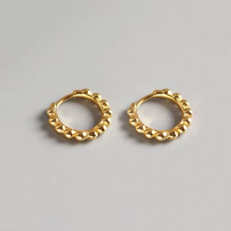 925 Sterling Silver Simple Fashion Glossy Beads Gold Huggies Hoop Earrings for W