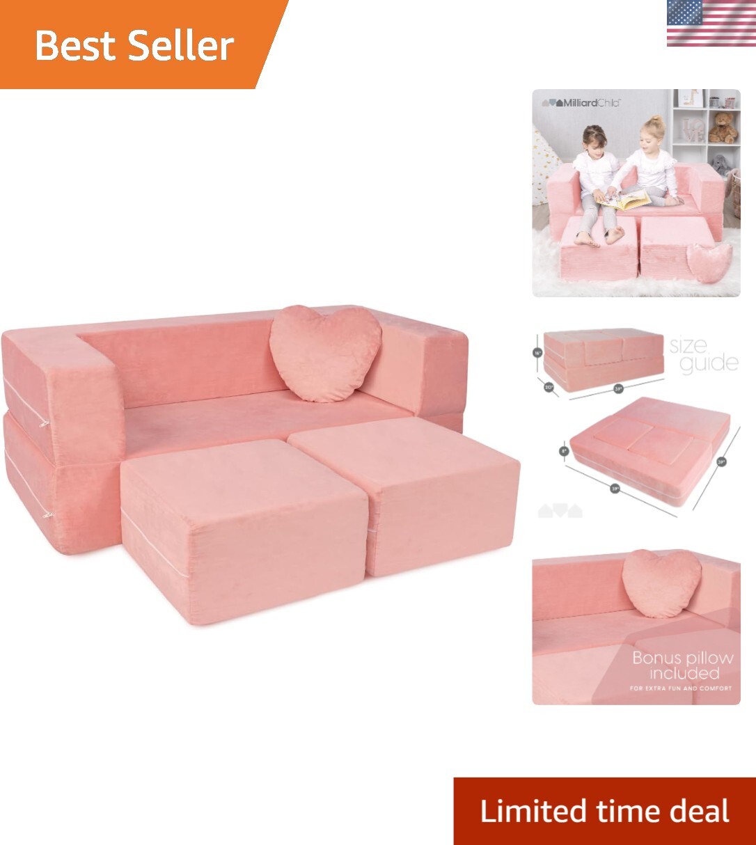Charming Pink Kids Modular Sofa - Perfect Playroom Furniture with Bonus Pillow