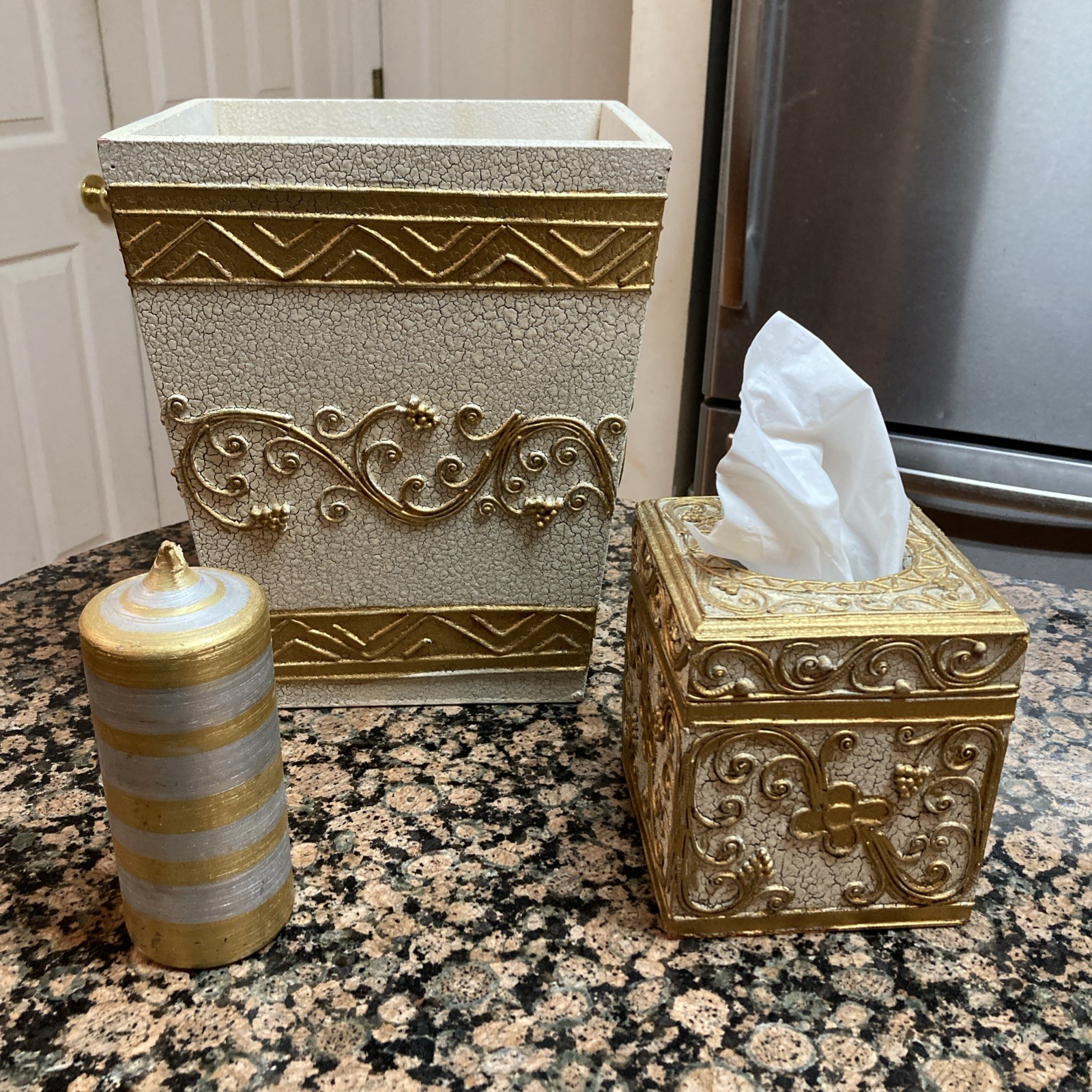 Hand Made Italian Renaissance Style Wastebasket Tissue Box Candle Set