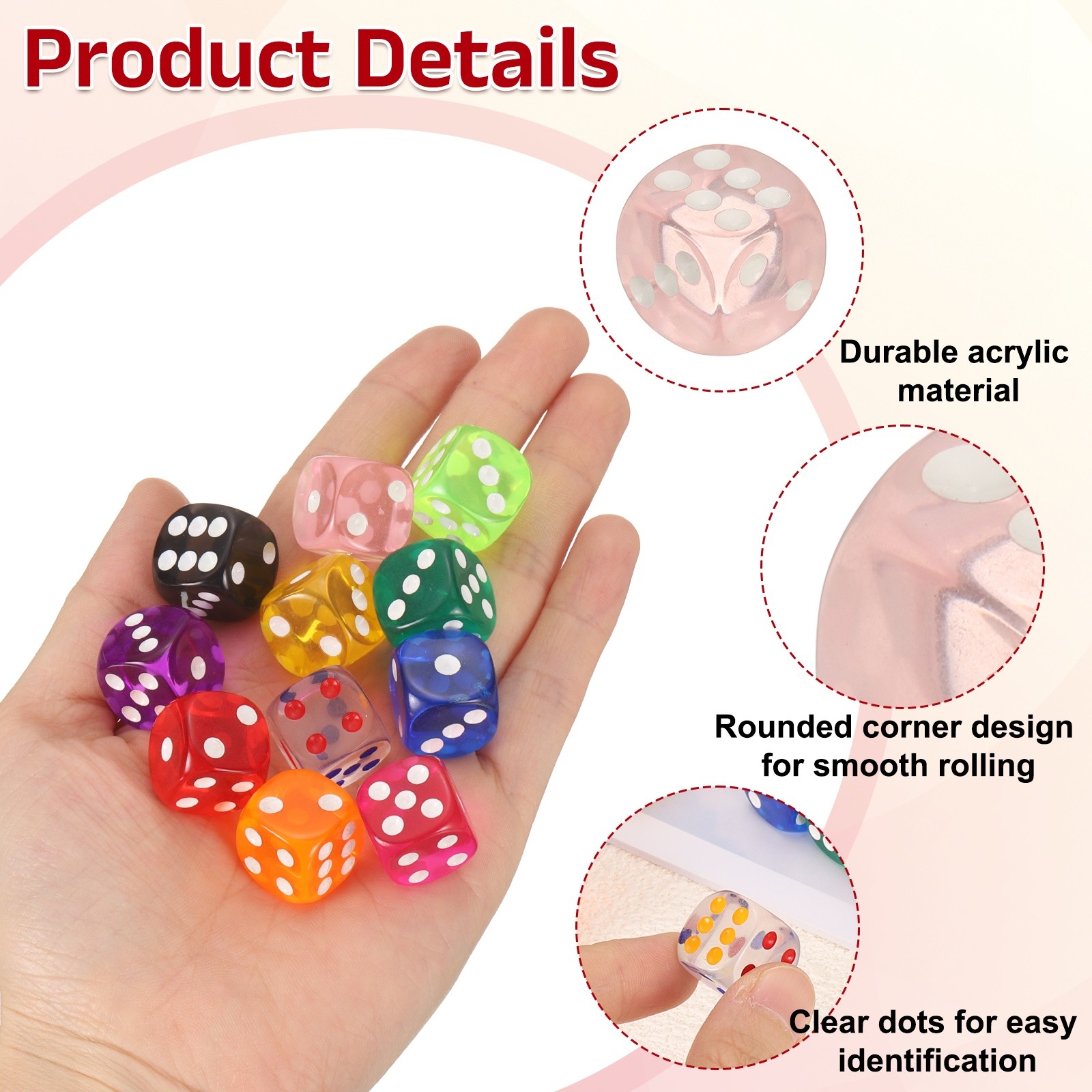 36Pcs Translucent Polyhedral Dice 16mm Square Dice W Rounded Edge, Pink