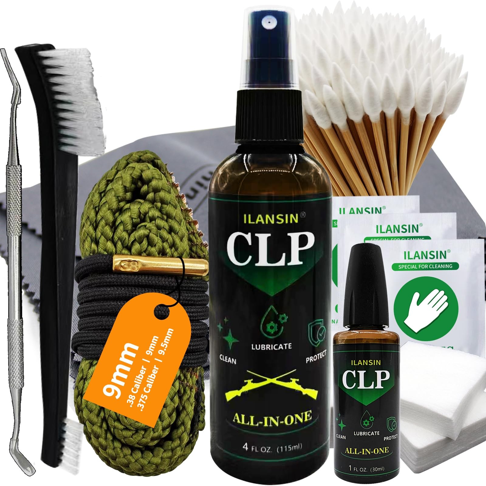 ILANSIN 9mm Bore Cleaner Gun Snake & 5oz CLP Oil Cleaning Kit .38 .375 .357
