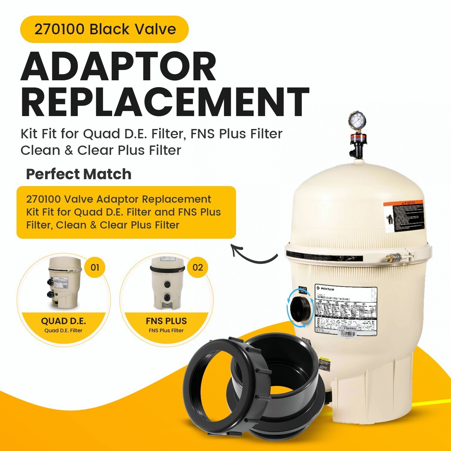 270100 Black Pool Valve Adaptor Replacement Kit Fit for Quad D.E. Filter, 2 Pack